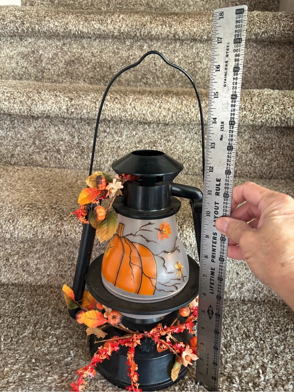 Black Lantern-Style Fall Accent Lamp with Orange Pumpkin Shade